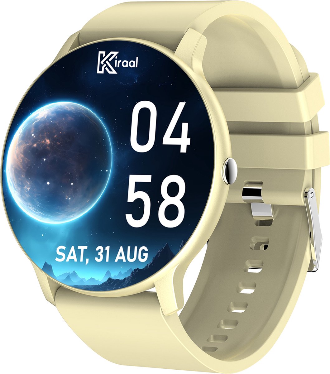 Kiraal Fit 5 - Smartwatch dames - Smartwatch Heren - Stappenteller - Full Screen - Fitness Tracker - Activity Tracker - Smartwatch Android & IOS - Beige