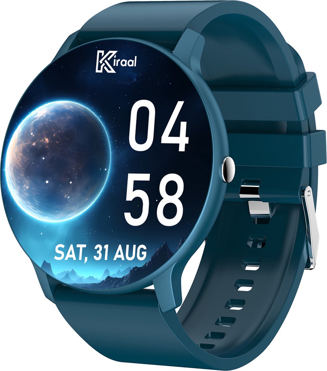 Kiraal Fit 5 - Smartwatch dames - Smartwatch Heren - Stappenteller - Full Screen - Fitness Tracker - Activity Tracker - Smartwatch Android & IOS - Blauw