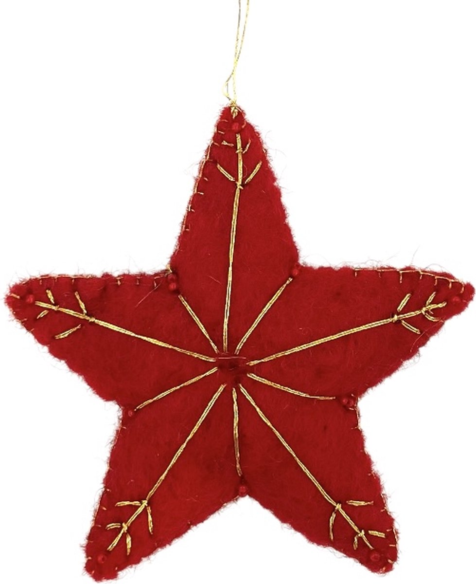 Luna-Leena duurzame ster hanger - rood en goud draad - vilt wol - handgemaakt in Nepal - star hanger - kersthanger - kerstster - kerstcadeau - kerstboom hanger - cadeau - kado - kerst gift - kerstfeest - kersdecoratie