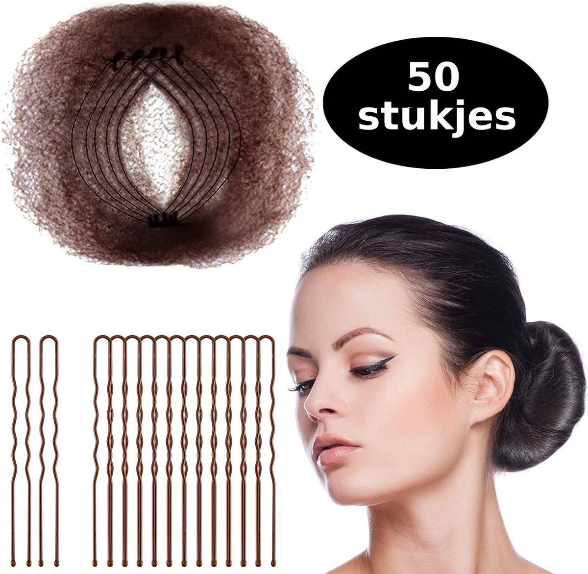 PigMig Haarnetjes Donkerbruin + U-vormige Spelden – 50x Haarnetje (55 cm) + 50x Spelden – Onzichtbaar Elastisch Knotnet – Ballet & Paardrijden