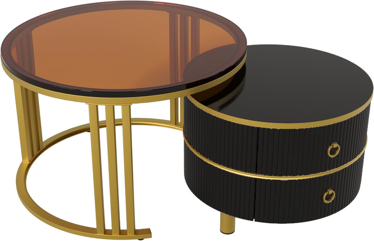 Merax 2-in-1 Ronde Salontafel Set - Hoogglans MDF en Geharde Glazen Tafelblad - Zwart en Goud - Moderne Woonkamercombinatie met 2 Schuiflades - 70x70x45 cm + 50x50x40 cm