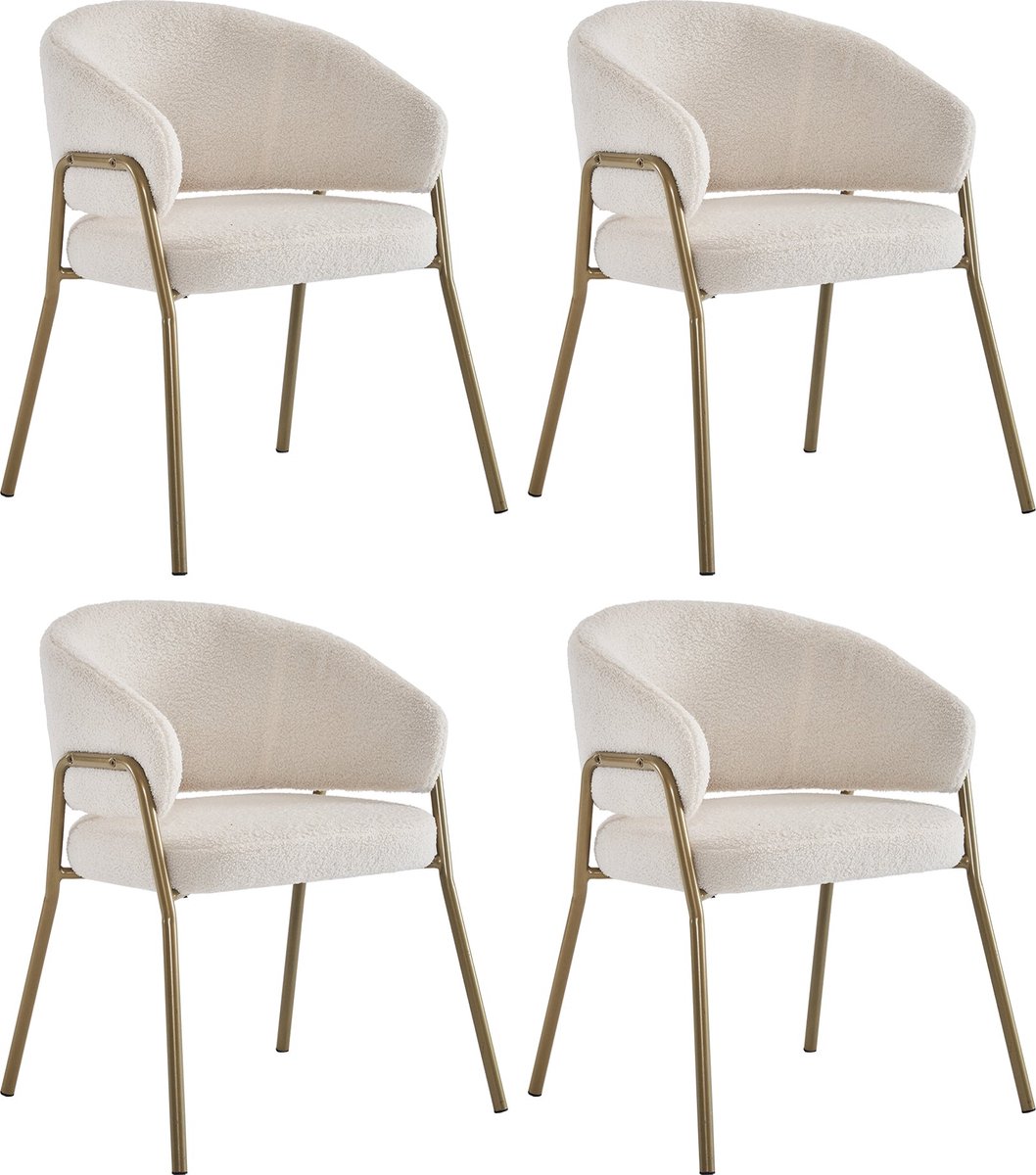 Merax Wit Eetkamerstoelen - Set van 4 - Lamswol Look - Gouden Poten - Luxe & Comfortabel - Tijdloos Design