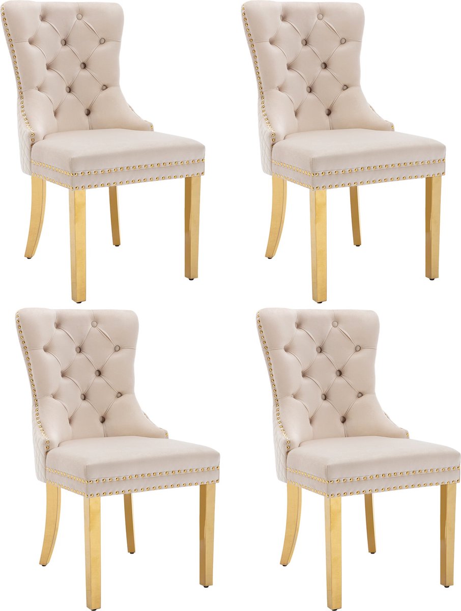 Merax Luxe Velvet Eetkamerstoelen Set van 4 met Unieke Deurklopper en Goudkleurig RVS Onderstel - Beige met Goud