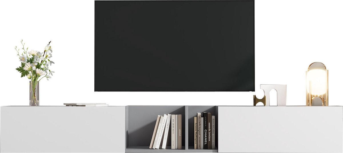 Merax TV-meubel met Hoogglans Afwerking en LED-verlichting - 170 cm - Zwart - Lowboard met Glazen Planken en Slimme Opbergruimte