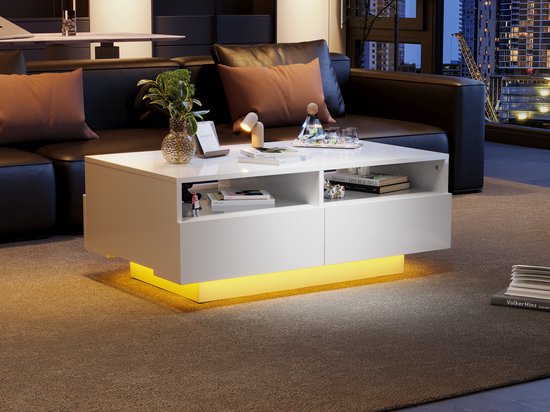 Merax Salontafel, wit, hoogglans, met ledverlichting, bijzettafel, koffietafel met kast en open opbergvakken, banktafel met laadaansluiting, rechthoekige middentafel, 100 x 50 x 43 cm