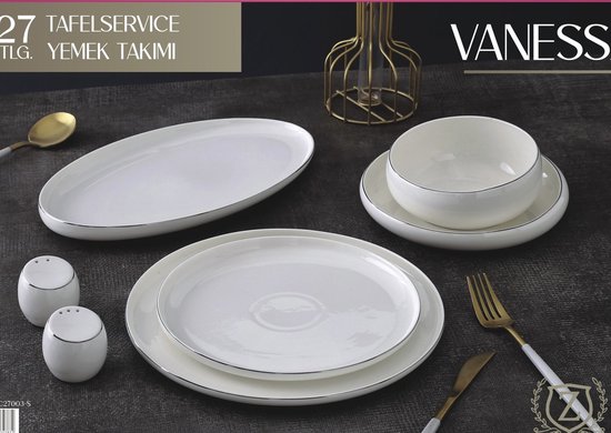 Service de table de Luxe Senella - Service de table 27 pièces - 6 personnes - Set de Services de table en porcelaine - Rond/ovale - Wit avec bord argenté