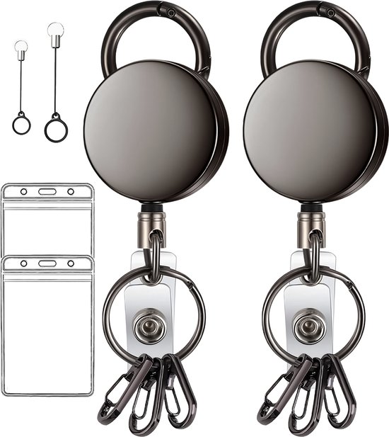 Foto: 2 delig set uittrekbare sleutelhanger met lanyard en karabijnsluiting badgehouder met clip en 73cm koord intrekbare broekclip karabijnhaak sleutelkoord afrolmechanisme voor badges en sleutels id jojo pasjeshouder keycord keykoord zwart