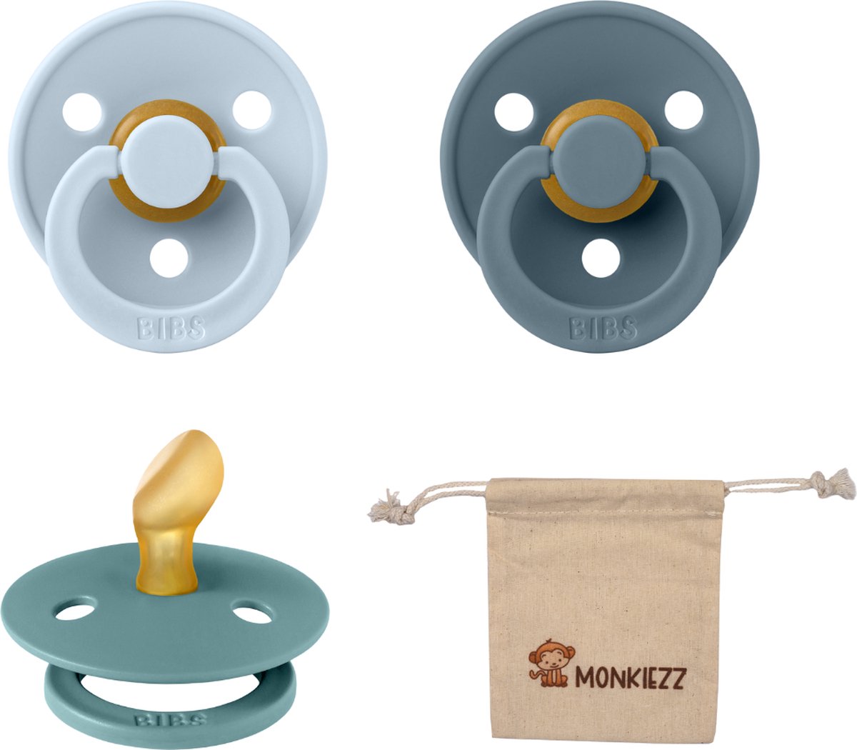 Goedkoopste Bibs Dental fopspenen Anatomical 0-6 maanden- Set 3 stuks- Baby Blue, Petrol, Island Sea Monkiezz speenzakje - orthodontisch- Anatomisch- Maat 1