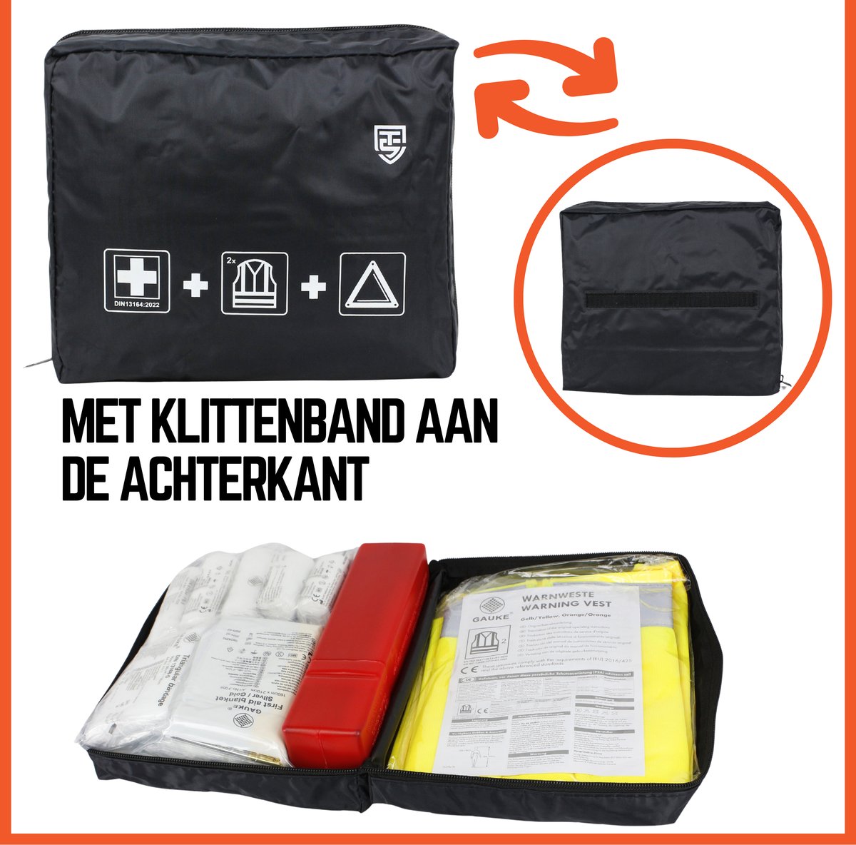 5-delige Auto veiligheidsset met Tas - Veilig onderweg pakket - Gevarendriehoek - Verbanddoos - Veiligheidshesjes - Tekentang – foto 8
