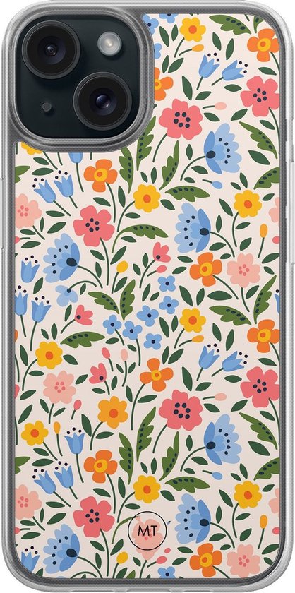 Coque iPhone 15 avec un motif floral romantique en crème, rose, bleu, orange et jaune.