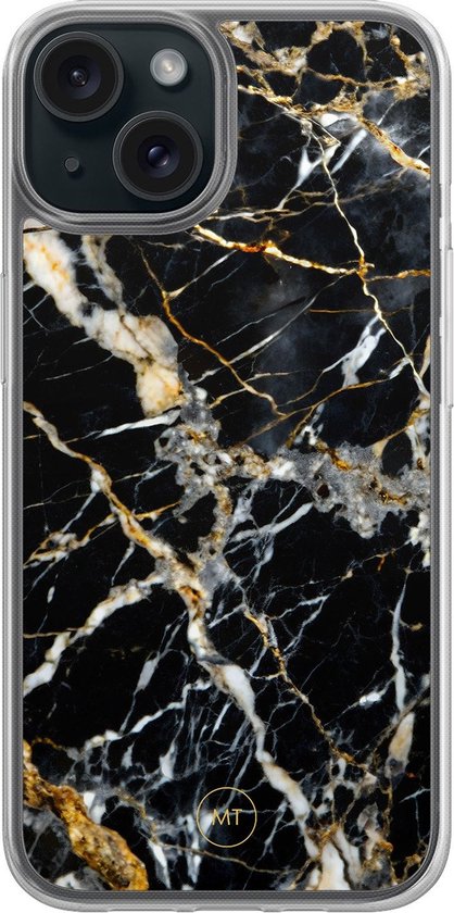 Coque hybride adaptée pour iPhone 13 - Élégance marbre noir - Protection Extra - Housse de protection de Luxe - Coque TPU - Transparent, Zwart, Or - Beautiful Housses de téléphone