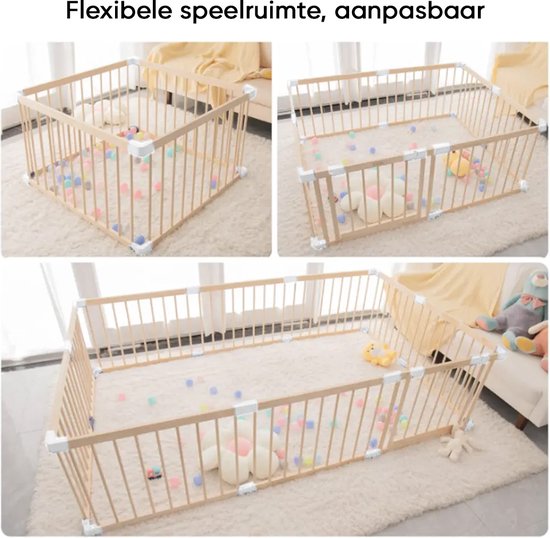 Modulaire babyren van hout, in verschillende configuraties opgesteld op vloerkleden.