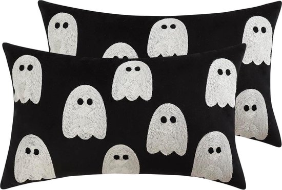 Taies d'oreiller Halloween et housses de coussin fantasmagoriques, taies d' oreiller à chevrons et citrouilles avec chat noir pour une décoration de fête ou d'automne - France