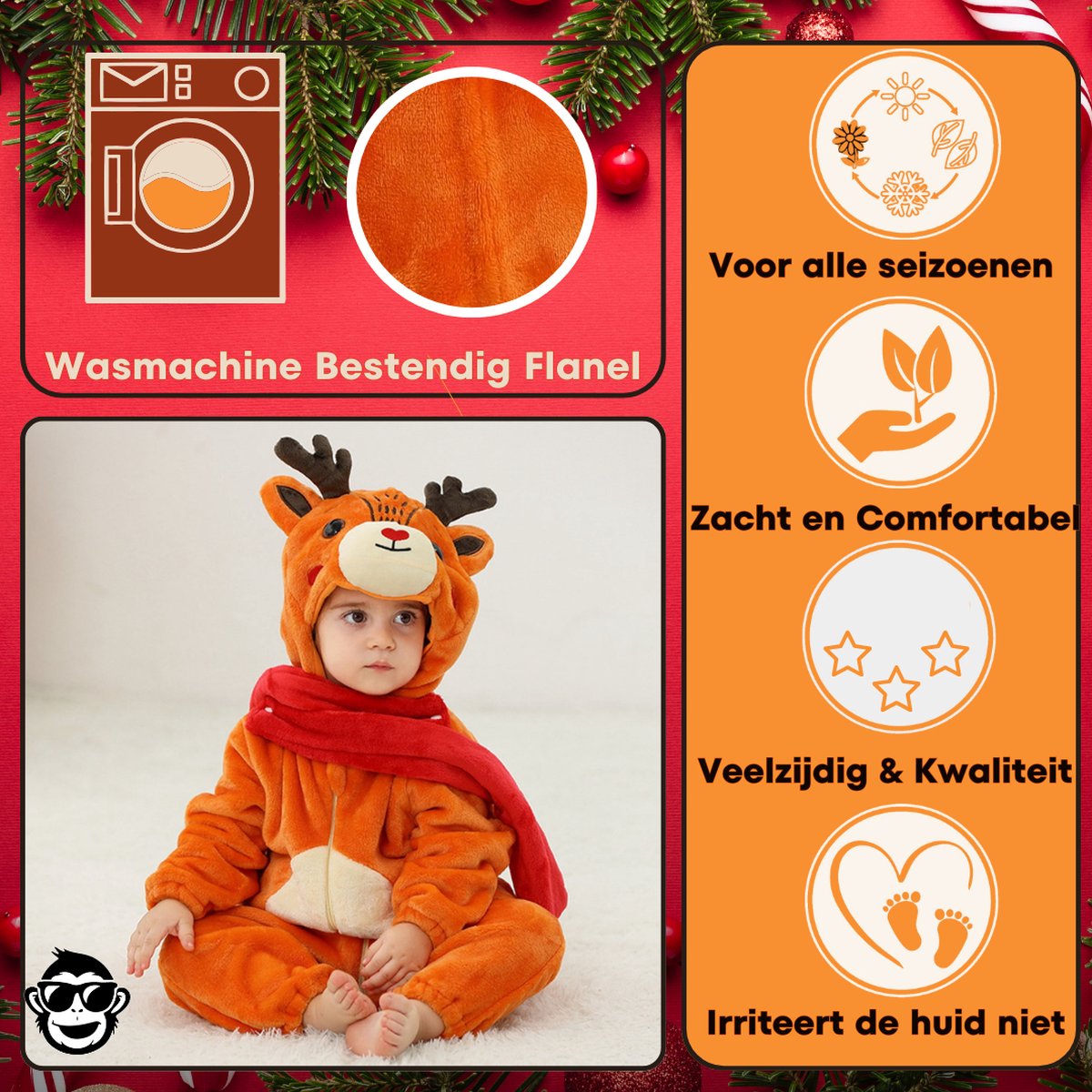 BoefieBoef Dieren Kleuter Onesie Peuter Pyjama Kinderen – Verkleedkleding met Luierrits – Carnaval Dierenpak - Kerst en Kraamcadeau - Zacht Flanel - Baby Kerst - Boxpak - Jongen - Meisje - Kruippak - Winterpak - Hert - rendier - bruin — afbeelding 3