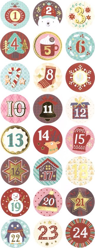 Autocollants Numéros 1 à 24 Pour Calendrier De L'Avent - 6 Feuilles, Ronds, Thème Noël