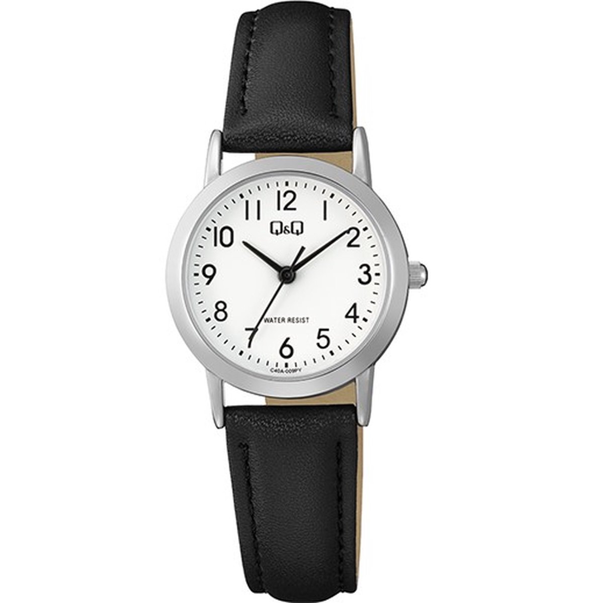 QQ C40A-009PY - Horloge - Polshorloge - Analoog - Dames - Vrouwen - Leren band - Rond - Metaal - Cijfers - Zwart - Zilverkleurig - Wit