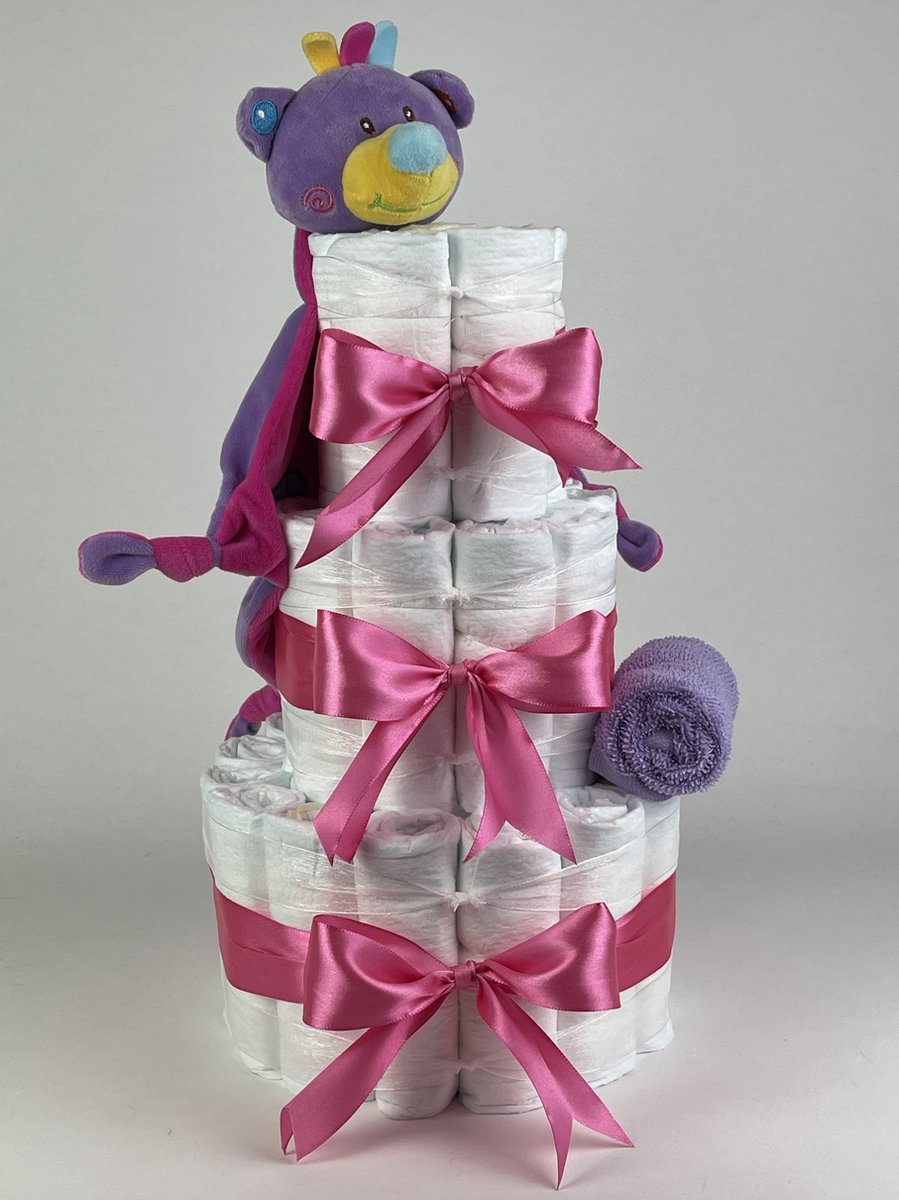 Goedkoopste Chouette-Chouette | Luiertaart Meisje | Kraamcadeau | Geboorte Meisje | Babyshower | Knuffeldoekje Beer Fuchsia roze - Lavendel paars