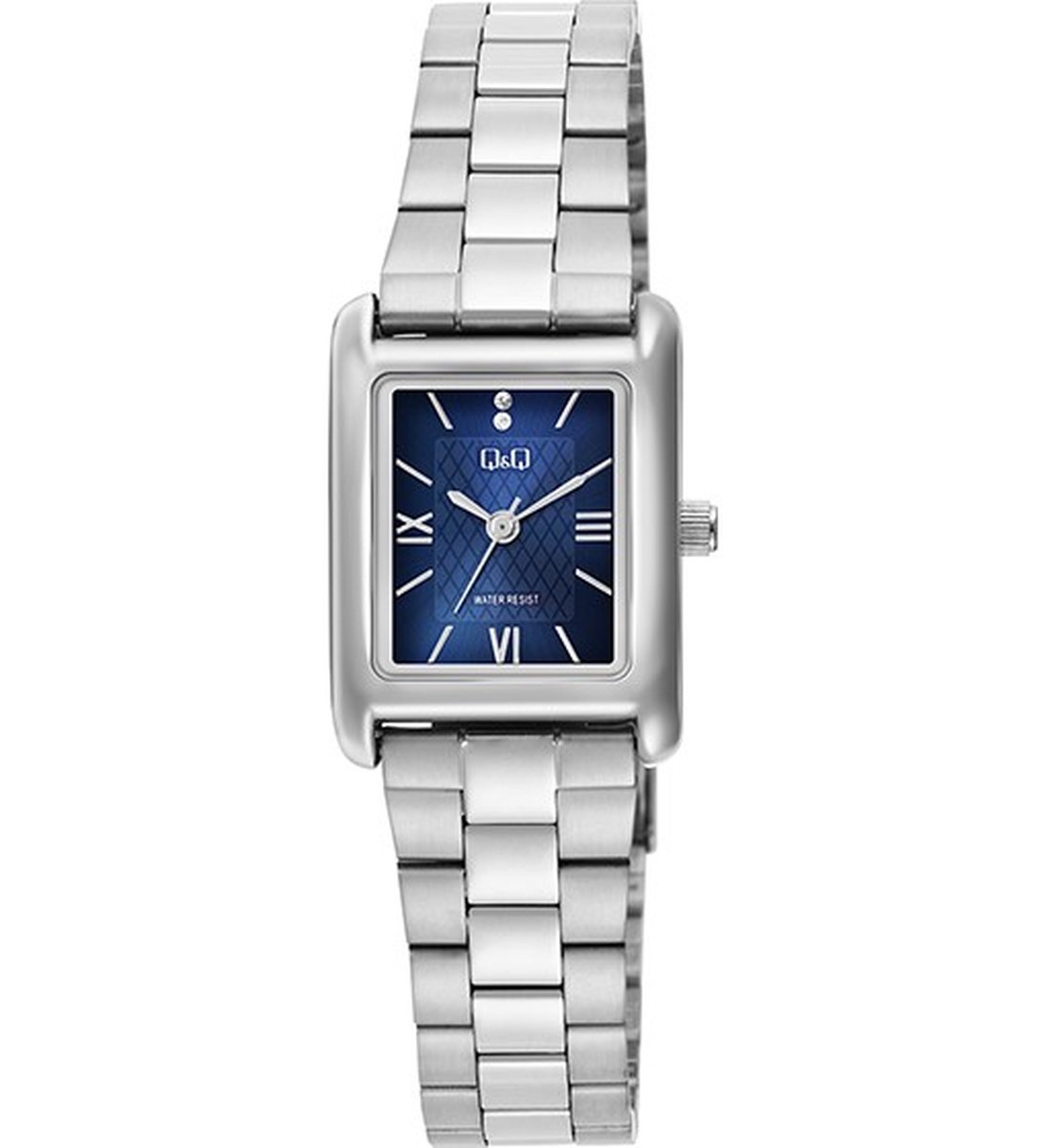 QQ C69A-004PY - Horloge - Polshorloge - Analoog - Dames - Vrouwen - Stalen band - Rechthoek - Metaal - Streepjes - Romeinse Cijfers - Zilverkleurig - DonkerBlauw