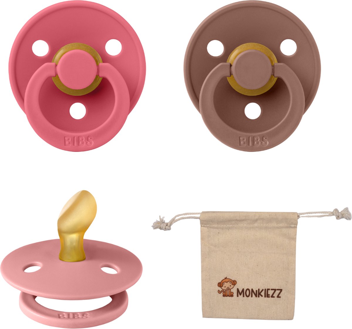 Goedkoopste Bibs Dental fopspenen Anatomical 0-6 maanden- Set 3 stuks- Coral, Dusty Pink, Woodchuck Monkiezz speenzakje - orthodontisch- Anatomisch- Maat 1