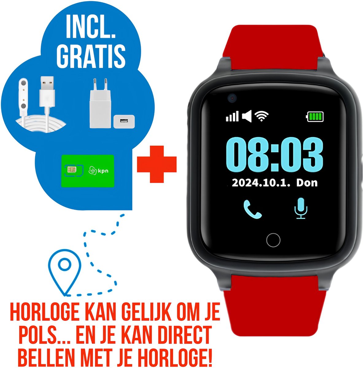Wiesba WB73S - GPS Horloge Senior - Smartwatch voor Ouderen - Persoonlijke alarmen - alarm horloge ouderen - GPS Horloge Alzheimer - Valdetectie - Rood