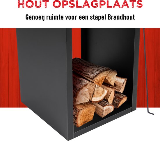 Zwarte, metalen houtopslag met een stapel brandhout erin.