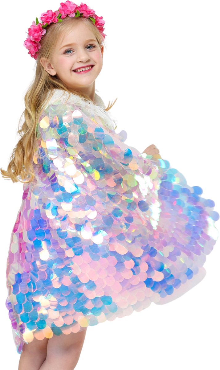 Joya Kids® Luxe Mermaid Glitter Cape met Accessoires | Zeemeermin Prinsessencape met Pailletten | Cape Set Paillet | Prinses jurk | Unicorn | Meisje Verkleedset | Carnvalskleding Meisjes | Met Mermaid Kroon, Staf, Tasje en Sieradenset — afbeelding 8