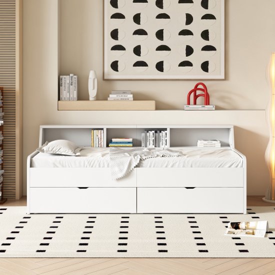 Lit de repos 90*200 cm, lit simple, avec deux tiroirs, avec rangement, blanc