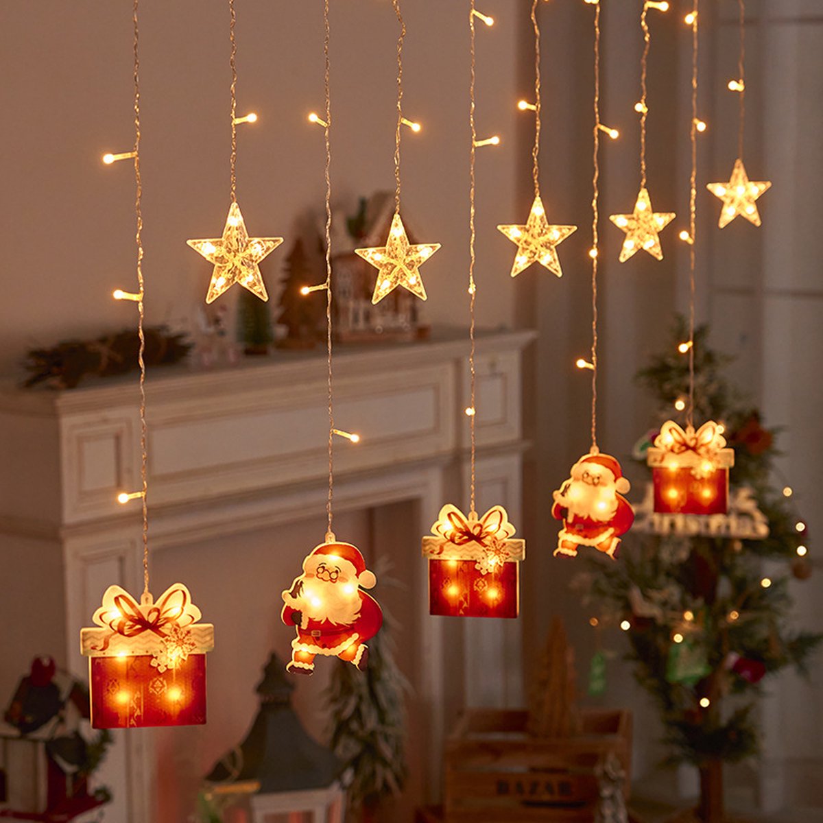 Meedeer Kerst Raamverlichting-3 m x 0,6m-Accu-LED String-binnen-hangende lichtjes ster geschenkdoos Kerstman-woningdecoratie-voor Indoor Party Bruiloft Slaapkamer (Warm Wit
