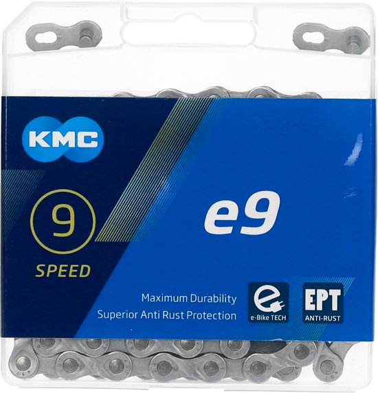 KMC e9 9-speed fietsketting in doorzichtige verpakking met "Maximum Durability" en "Superior Anti Rust Protection".