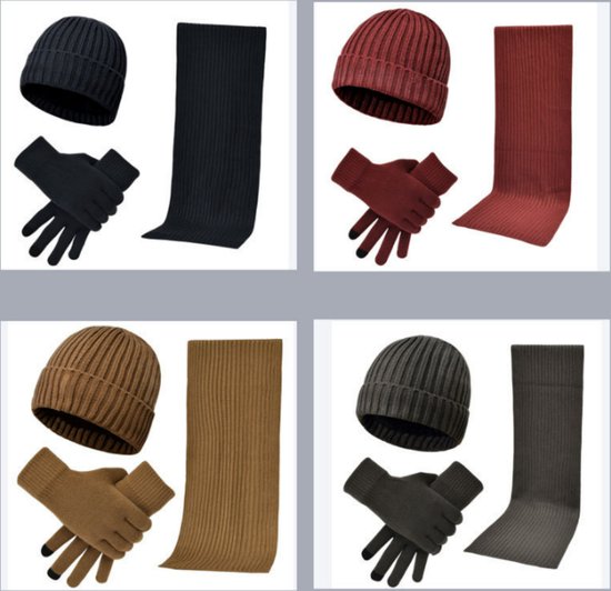 Set d'hiver unisexe 3 pièces avec bonnet, écharpe, Gants tricotés chauds pour écran tactile, chaleur épaisse pour le Camping, la Marche , le Vélo et le ski - Gris clair - 38 x 28 x 4