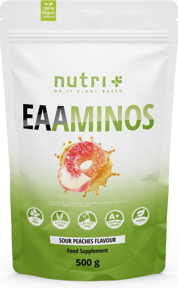 Goedkoopste nutri EAA Poeder Sour Peaches - Hoogste Dose - EAA Essential Aminos veganistisch poeder - Essentiële aminozuren - 500 g