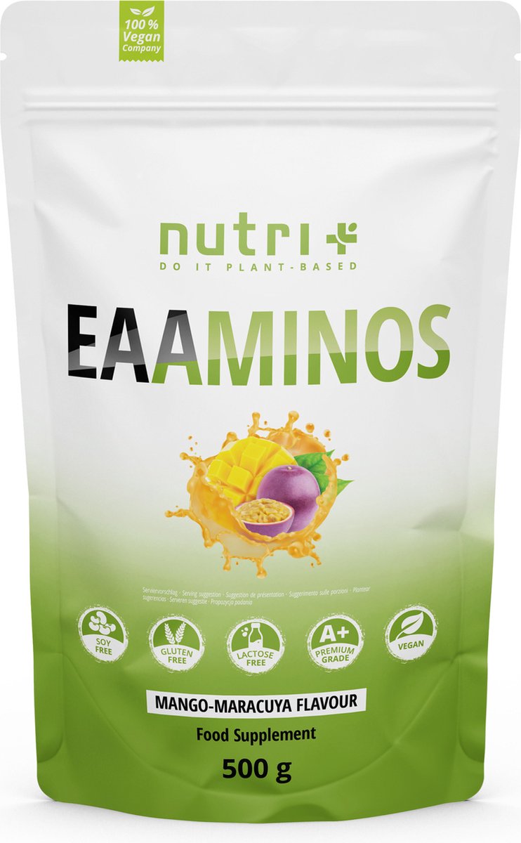 Goedkoopste nutri EAA Poeder Mango Maracuya - Hoogste Dose - EAA Essential Aminos veganistisch poeder - Essentiële aminozuren - 500 g