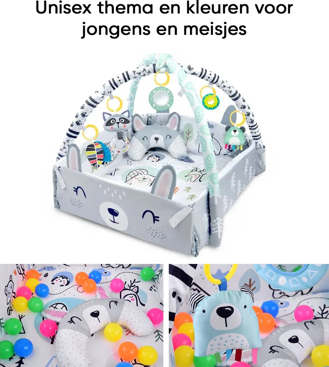 Multifunctioneel Speelkleed Baby + Buikligtrainer - Babygym met AANPASBARE WANDEN - Speelmat met Boog - Incl. 20 Ballen + 5 Speeltjes - Vanaf 0m+ — afbeelding 4