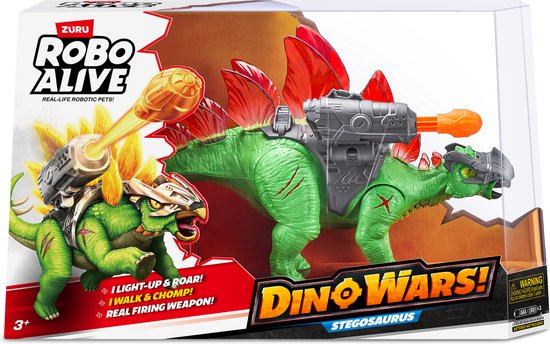 Verpakking van de Robo Alive Dino Wars Stegosaurus, met de dinosaurus met schietend kanon.