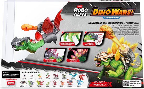 Verpakking van de Robo Alive Dino Wars Stegosaurus, met afbeeldingen van de dinosaurus en informatie.