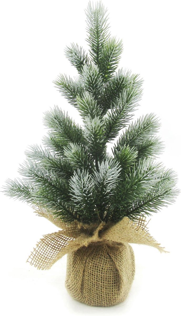 Alpha Frost tafelkerstboom - 30 cm - Groen geflockt - Ø15 cm - 28 tips - Besneeuwd/Frosted - Jute zak