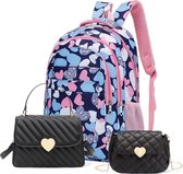 Sac à dos avec sacs bandoulière - Blauw/rose/noir - Ensemble 3 pièces pour adolescents/enfants - Sac à dos imprimé coeurs - Cartable, sac à dos scolaire, sac à dos scolaire - Sac bandoulière fille - Grande capacité - Détails dorés