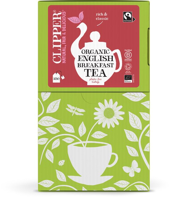 Groene verpakking met Clipper logo, "Organic English Breakfast Tea" en 250 plastic-free zakjes. Decoratie van bloemen en insecten.