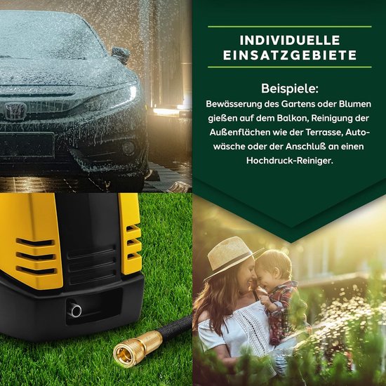 Exemples d'utilisation : lavage de voiture, arrosage de jardin. Tuyau flexible avec raccord en laiton.