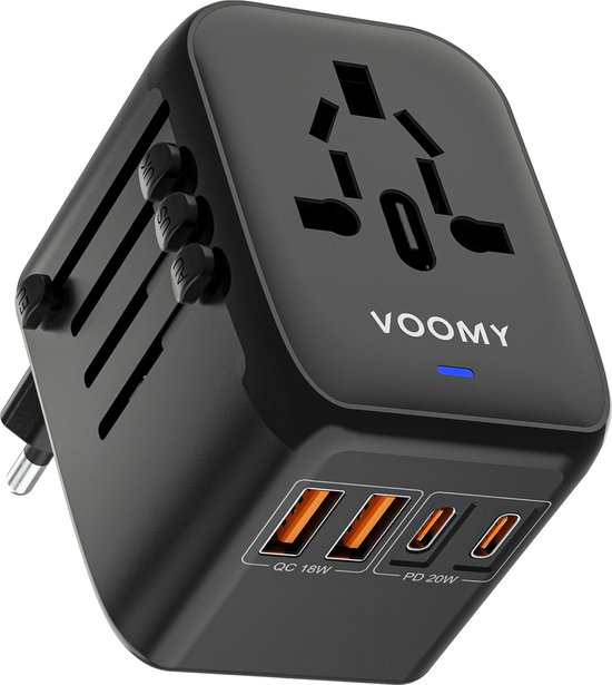 Voomy Universele Wereldstekker - 170+ landen - 20W Snellader - 2 USB-C & 2 USB-A Poorten - Reisstekker Wereld: Amerika (USA), Engeland (UK), Australië, Zuid Amerika, Afrika, Italië, Thailand - Zwart