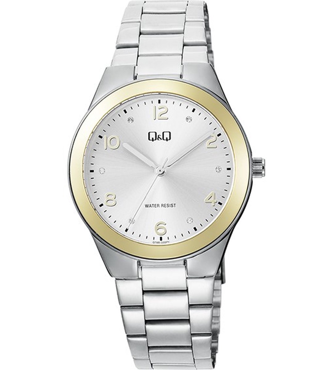 QQ Q78B-002PY - Horloge - Polshorloge - Analoog - Vrouwen - Dames - Stalen band - Rond - Metaal - Stippen - Cijfers - Zilverkleurig - Goudkleurig - Briljanten