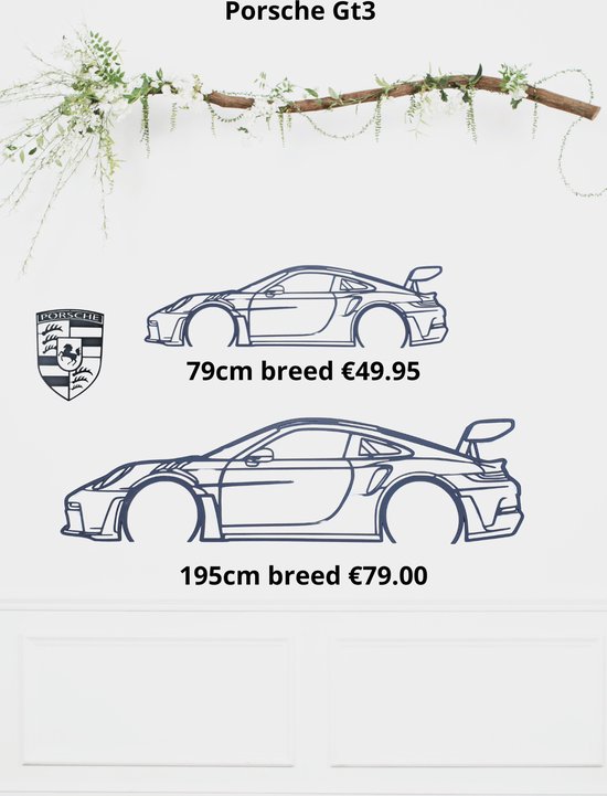 Silhouette de voiture Porsche Gt3 Olivios Design de 79 cm de large en MDF noir de 4 mm d'épaisseur également disponible en 195 cm de large