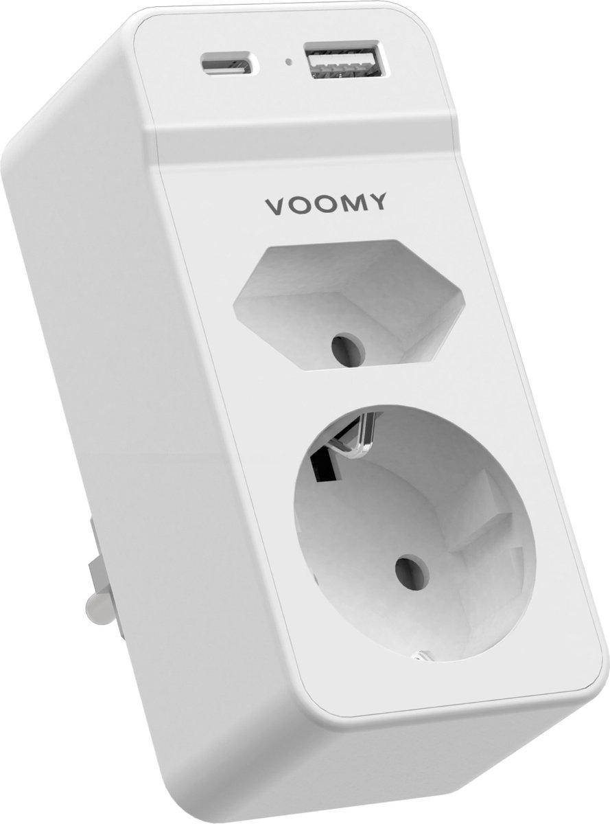 Voomy Verdeelstekker - 1 USB-C & 1 USB-A Poort - 2 stopcontacten - 3680W - Wit