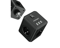 Voomy Verdeelstekker met 3 USB Poorten - Schakelaar - met overspanningsbeveiliging - stopcontact splitter - Stekkerdoos Powercube - Zwart