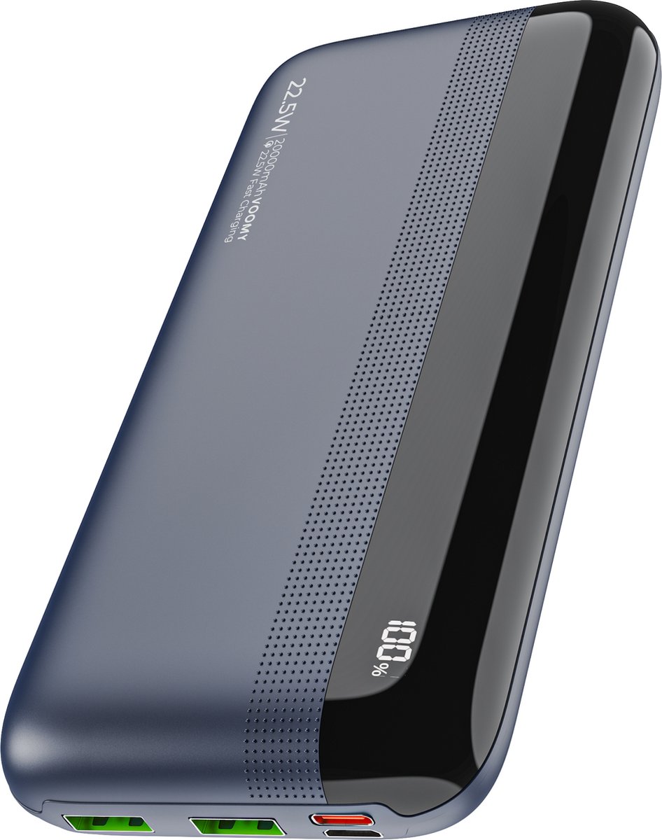 Voomy Powerbank 20.000 mAh - 22.5W Snellader - PD+QC USB C & USB A - Batterij Display - Geschikt voor iPhone 10 11 12 13 14 15 & Samsung S20 S21 S22 S23 S24 - Blauw