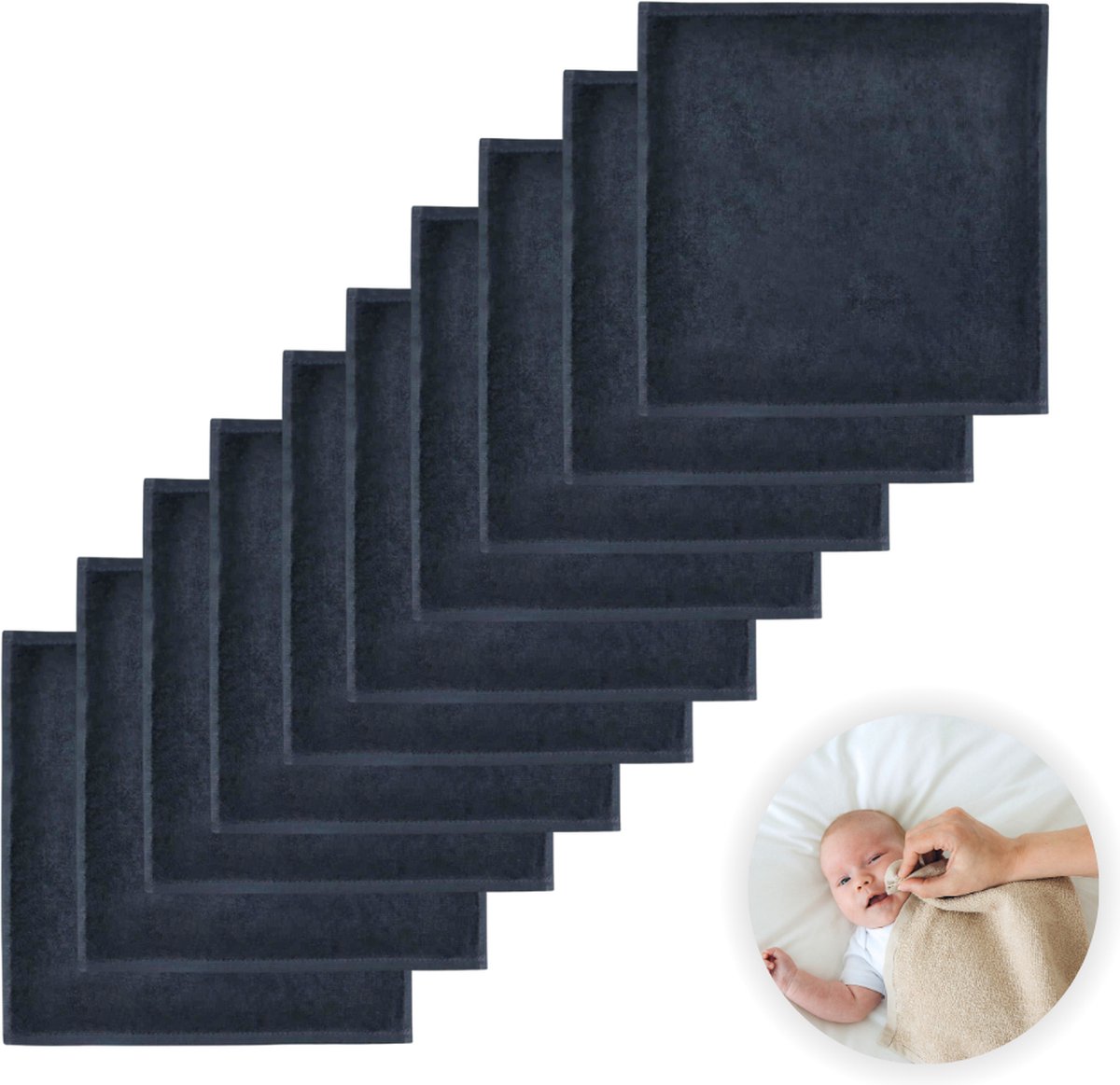 Goedkoopste Funnies Spuugdoekjes 10-Pack Zwart - Set van 10 Zachte Spuugdoeken, Monddoekjes, Kwijldoekjes - 30x30 cm - 100 Katoenen Badstof - Absorberend, Sneldrogend en Zacht - Wasmachinebestendig - Perfect voor Gevoelige Babyhuid bij Voeden en Kwijlen