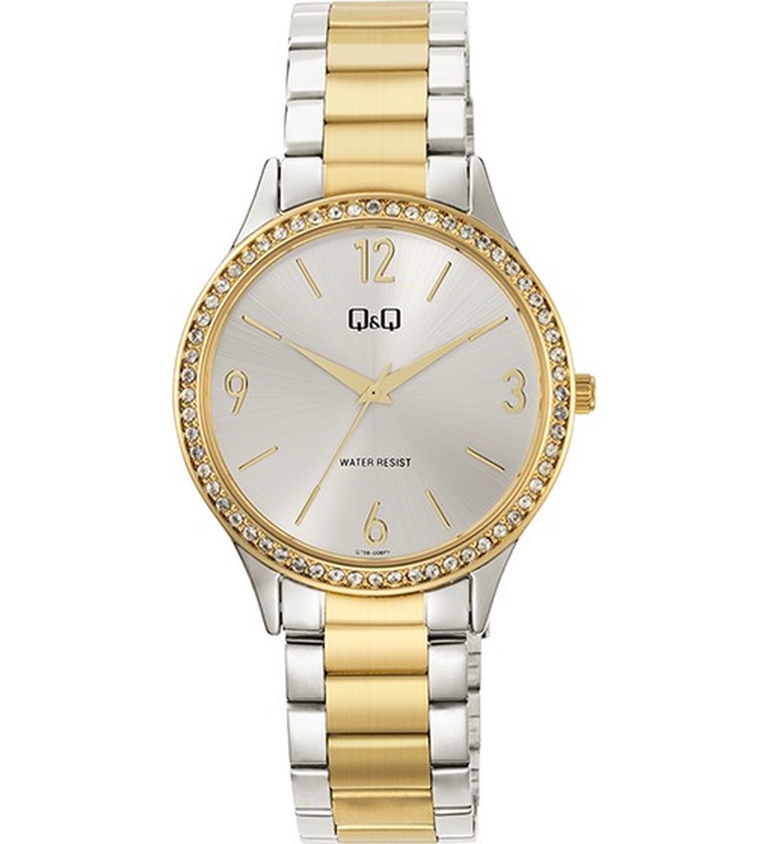 QQ Q75B-006PY - Horloge - Polshorloge - Analoog - Vrouwen - Dames - Stalen band - Rond - Metaal - Strepen - Cijfers - Zilverkleurig - Goudkleurig - Briljanten
