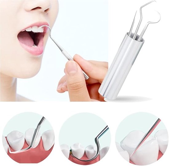 Set de 7 Cure-dents avec étui - Crochet dentaire - Ensemble de dentiste - Acier inoxydable - Ensemble de Soins dentaires - Cure Cure-dents - Argent - 1,6 x 1,6 x 11,6 cm - Soins dentaires