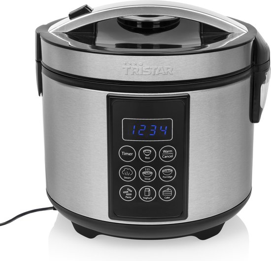 Tristar Rijstkoker RK-6132 - Geschikt voor 10 porties - Digitale Multicooker: Rijstkoker en Stoomkoker - Inclusief gratis lepel, maatbeker, spatel en stoomrekje - 1,5 liter – 7 Programma's – Warmhoudfunctie - RVS