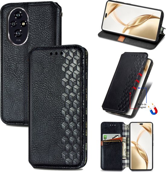 Luxe PU Lederen Ruitpatroon Wallet Case voor Honor 200 Pro _ Zwart